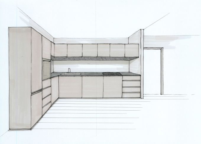 Prospettiva dall’alto di un appartamento in cui la zona giorno e l’angolo cucina sono situati in un unico ambiente, con due schizzi del progetto. 