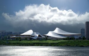 Zhejiang Shaoxing Shangyu District Cao’e River Culture and Art Centre dai tetti inclinati e ondulati