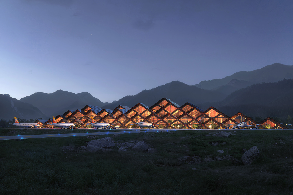 Aeroporto di Gelephu in Bhutab, progettato dallo studio di architettura Bjarke Ingels Bjarke (BIG)