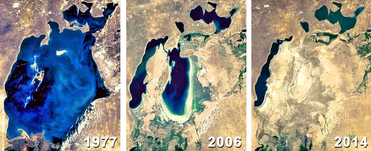 La pesante riduzione del lago d’Aral che in quarant’anni è ormai quasi scomparso (NASA)