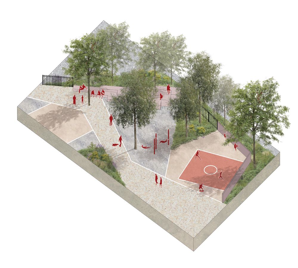 Rendering della piazza alberata del Parco Barrella a Milano