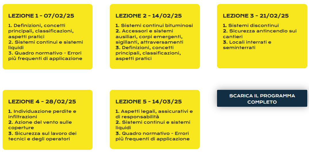 Programma lezioni Corso di primo livello Consulente esperto in impermeabilizzazioni