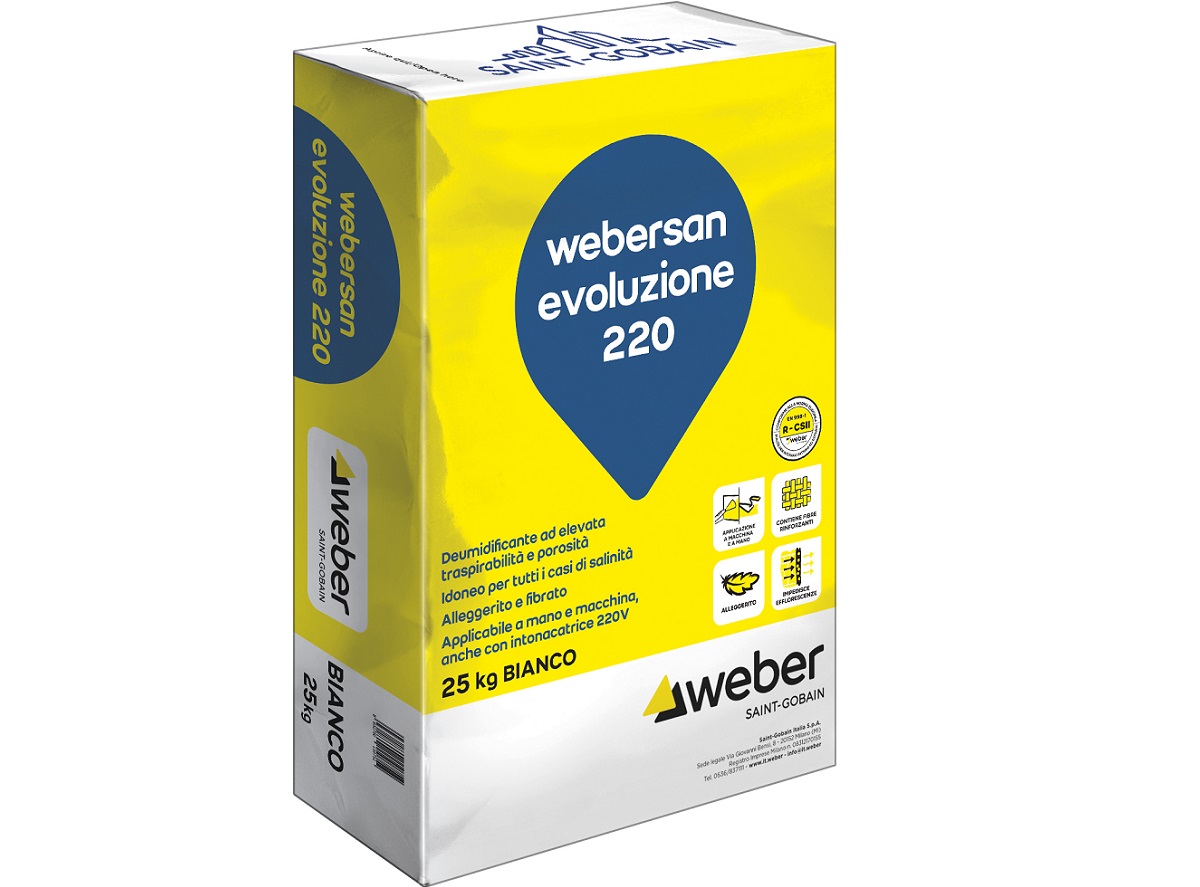 intonaco deumidificante bianco del marchio Weber di Saint Gobain, webersan evoluzione 220, per il risanamento della muratura umida, sia interna che esterna